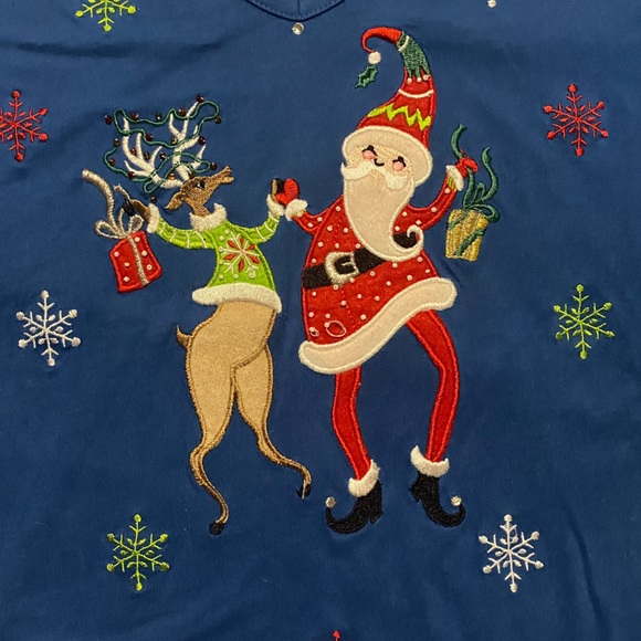 Dancing Santa & Reindeer Party Shirt Embellished Holiday Sz L Christmas Sweater - Picture 2 of 6